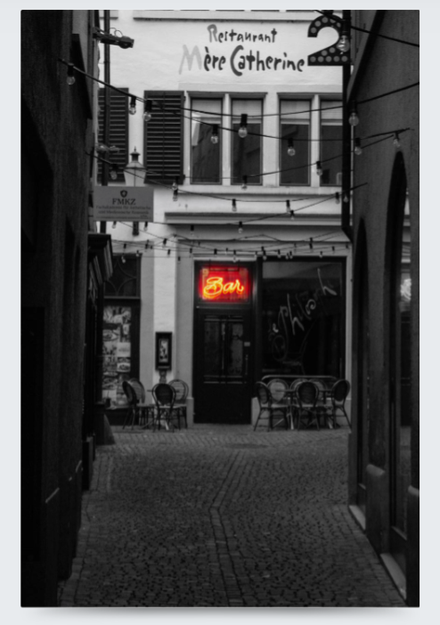 Black and White Alley with Neon Sign Metal Print